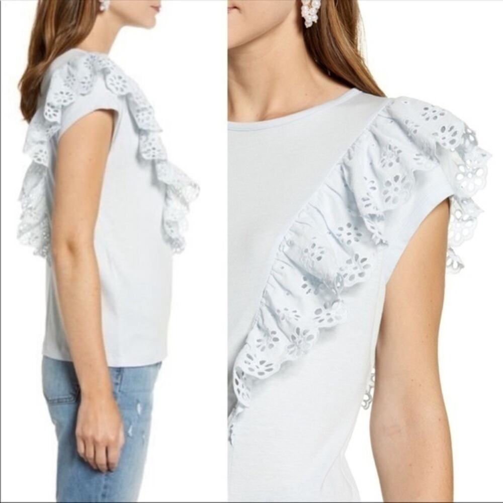 Rachel Parcell Eyelet Ruffle Detail Top Blue M